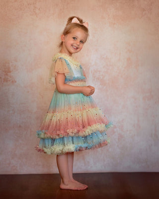 Faeella Pastel Stardust Layered Party Dress has softest tulle with comfortable cotton lining for school birthday party celebrations.
