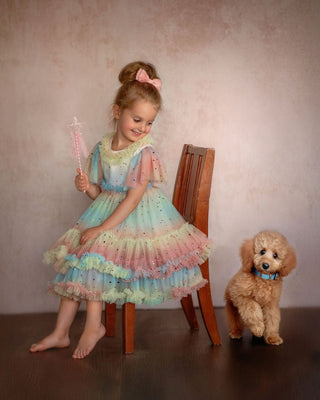 Faeella Pastel Stardust Layered Party Dress has softest tulle with comfortable cotton lining for school birthday party celebrations.