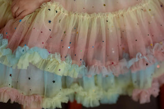 Pastel Stardust Layered Tulle Birthday Dress for Girls fabric detail closeup girls birthday dress by Faeella