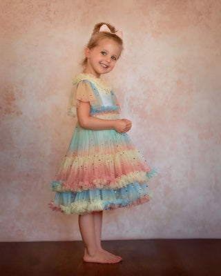 Pastel Stardust Layered Tulle Birthday Dress for Girls — side view of pastel layered tulle girls birthday dress by Faeella