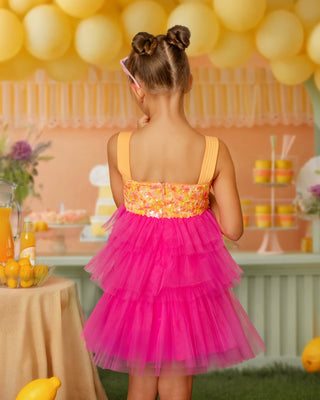 Pink Lemonade Sequin Tiered Tulle Birthday Dress for Girls back view with zipper girls birthday dress by Faeella