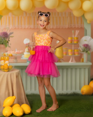 Pink Lemonade Sequin Tiered Tulle Birthday Dress for Girls front view girls birthday dress by Faeella