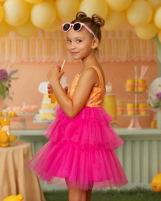 Pink Lemonade Sequin Tiered Tulle Birthday Dress for Girls side view hot pink tiered tulle dress by Faeella