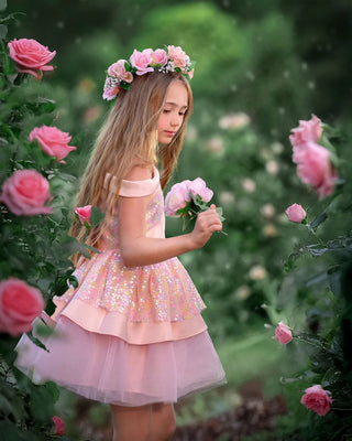 Rosy Bloom Off-Shoulder Sequin Birthday Dress for Girls styled photo girls birthday dress by Faeella