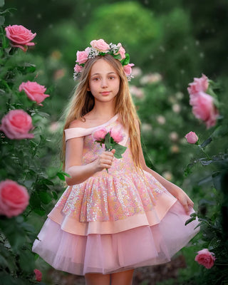 Rosy Bloom Off-Shoulder Sequin Birthday Dress for Girls styled photo girls birthday dress by Faeella