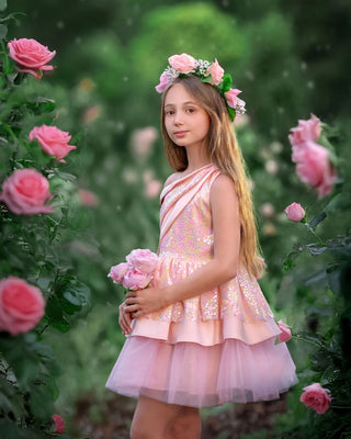 Rosy Bloom Off-Shoulder Sequin Birthday Dress for Girls styled photo girls birthday dress by Faeella
