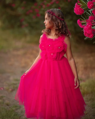 Rosy Enchantment Hot Pink Tulle Birthday Dress for Girls fabric detail closeup girls birthday dress by Faeella