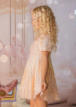 Shine Like a Star Peach Sequin Birthday Dress for Girls — side view of peach sequin girls birthday dress by Faeella