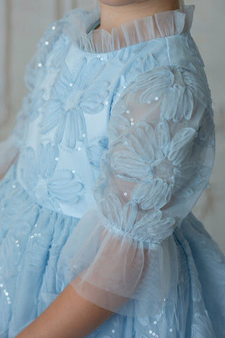 Light blue faeella dress with floral embroidery and sheer sleeves against a neutral background