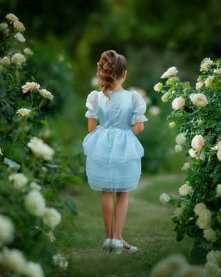 Sky Petal Princess Ruffle Blue Birthday Dress for Girls back view blue petal ruffle dress by Faeella
