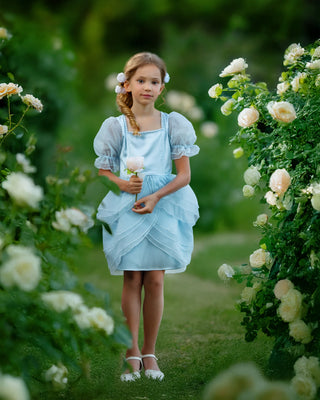 Sky Petal Princess Ruffle Blue Birthday Dress for Girls front view blue ruffle girls birthday dress by Faeella