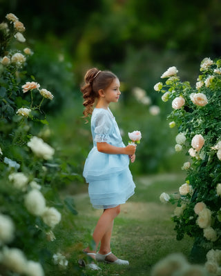 Sky Petal Princess Ruffle Blue Birthday Dress for Girls side view light blue pearl-neckline dress by Faeella