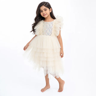 Snowdrop Ivory Tiered Tulle Flower Girl Dress for Girls front view girls flower girl dress by Faeella