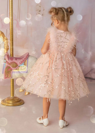 Sparkly Feather Fairy Pink Sequin Flower Girl Dress — back view of pink feather sequin flower girl dress by Faeella