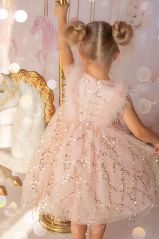 Sparkly Feather Fairy Pink Sequin Flower Girl Dress fabric detail closeup flower girl dress by Faeella