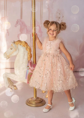 Sparkly Feather Fairy Pink Sequin Flower Girl Dress — lifestyle photo of pink feather sequin flower girl dress by Faeella