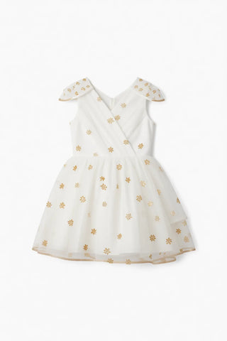 Stardust Embroidered White Tulle Flower Girl Dress — flat lay of white embroidered tulle flower girl dress by Faeella