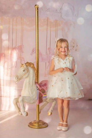 Stardust Embroidered White Tulle Flower Girl Dress — front view of white embroidered tulle flower girl dress by Faeella