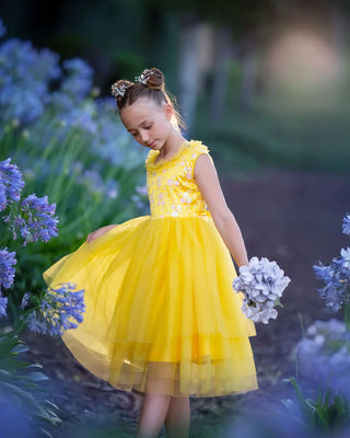 Sunshine Petal Yellow Tulle Birthday Dress for Girls — styled photo of yellow tulle girls birthday dress by Faeella