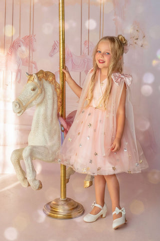Faeella pink birthday dress with sparkle cape, Twinkle Star Blush Pink Tulle Dress, perfect for birthdays, flower girl, weddings and holiday photoshoots