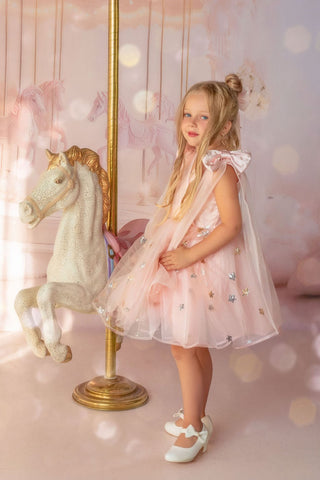 Faeella pink birthday dress with sparkle cape, Twinkle Star Blush Pink Tulle Dress, perfect for birthdays, flower girl, weddings and holiday photoshoots