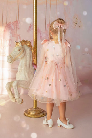 Faeella pink birthday dress with sparkle cape, Twinkle Star Blush Pink Tulle Dress, perfect for birthdays, flower girl, weddings and holiday photoshoots