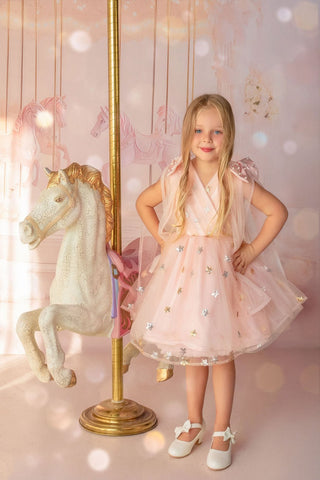 Faeella pink birthday dress with sparkle cape, Twinkle Star Blush Pink Tulle Dress, perfect for birthdays, flower girl, weddings and holiday photoshoots