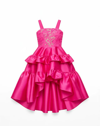 Wildflower Cowgirl Hot Pink Ruffle Birthday Dress for Girls — flat lay of hot pink ruffle girls birthday dress by Faeella