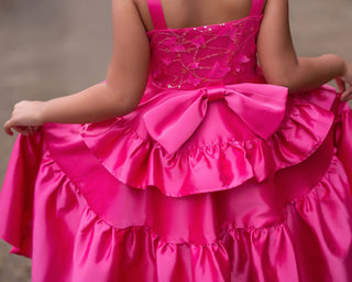 Faeella Wildflower Cowgirl Ruffle Dress Close-up of sequin butterfly bodice on hot pink Faeella dress. Comfortable yet fancy dress perfect for photoshoots, events and outdoor party.