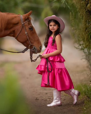 Faeella Wildflower Cowgirl Ruffle Dress Close-up of sequin butterfly bodice on hot pink Faeella dress. Comfortable yet fancy dress perfect for photoshoots, events and outdoor party.